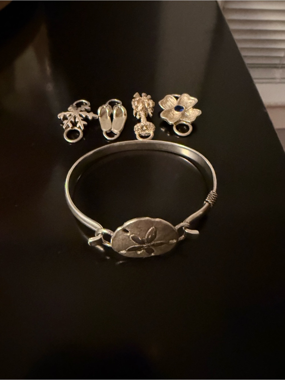 Sterling Silver Floral Sand Dollar Charm Bangle Bracelet